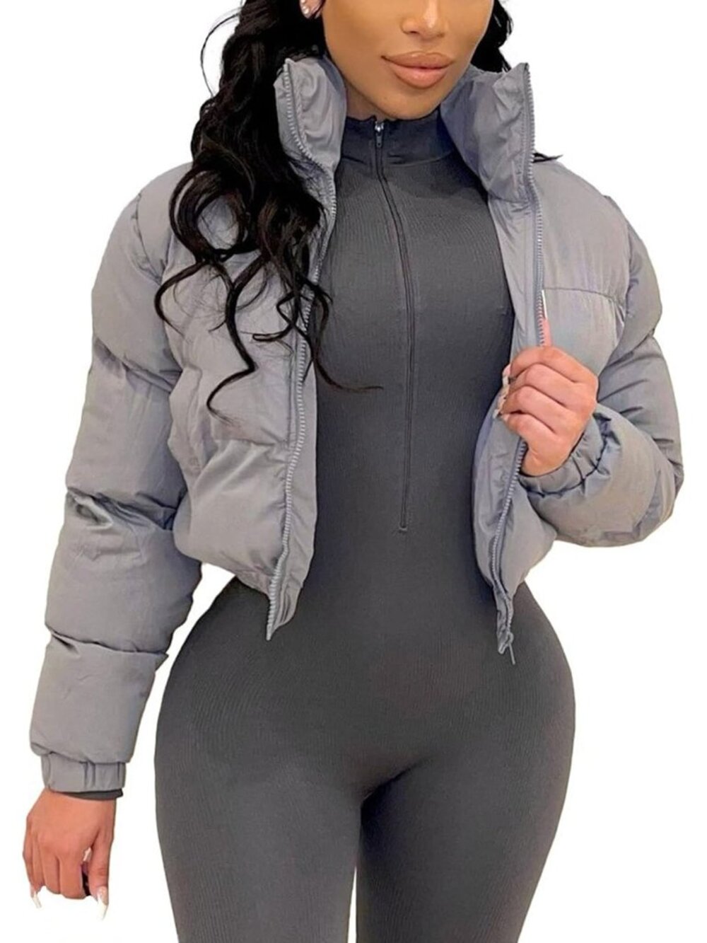 Women's Grey Cropped Puffer Jacket Short Coats Zip Up Crop Quilted Jackets